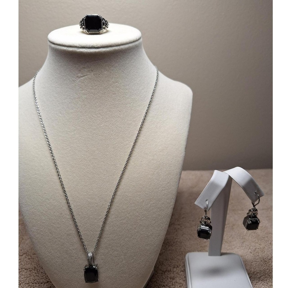 Black spinel pendant necklace earrings ring set stainless steel